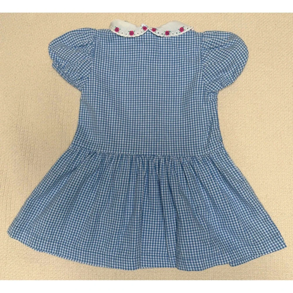 Vintage OshKosh‎ Bgosh Blue Gingham Dress Embroidered Floral Collar USA Girls 2T